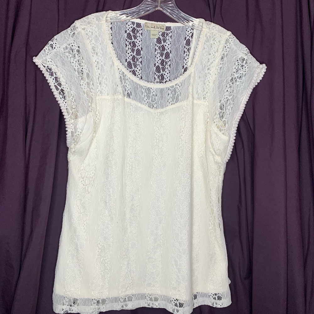 live and let live white lace overlay cap sleeves top size L